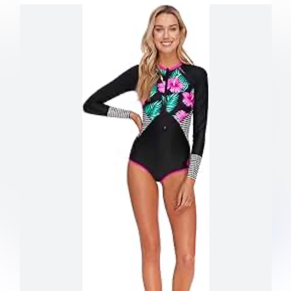 Body Glove Black and Pink Tropical Long Sleeve Rash guard /Swimsuit